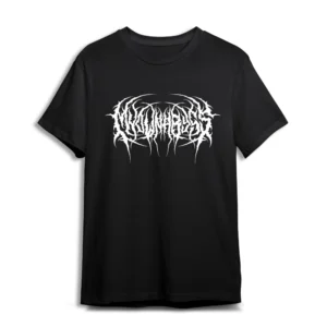 Koszulka przedstawiająca białe logo MY OWN ABYSS w stylistyce Deathcore'owej